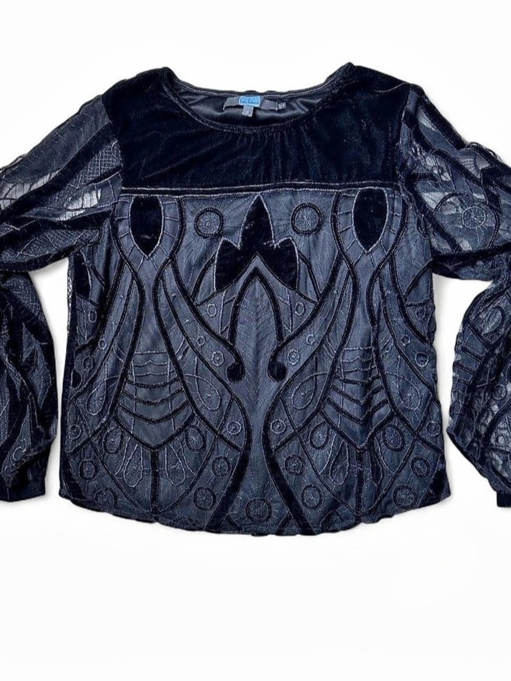 By Anthropologie Long-Sleeve Sheer Velvet Appliqué Blouse Black Medium